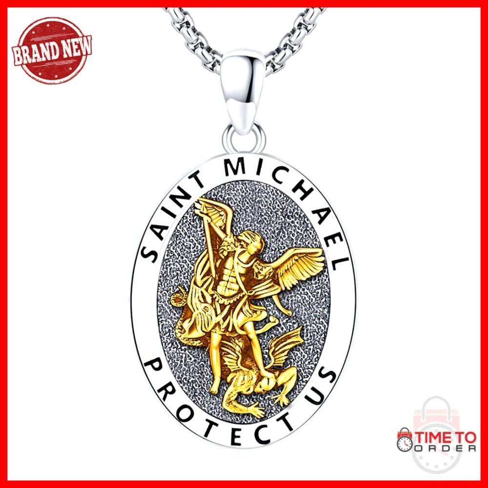 Sterling Silver St Michael Medal Necklace, 22 Inch Chain, Unisex Jewelry